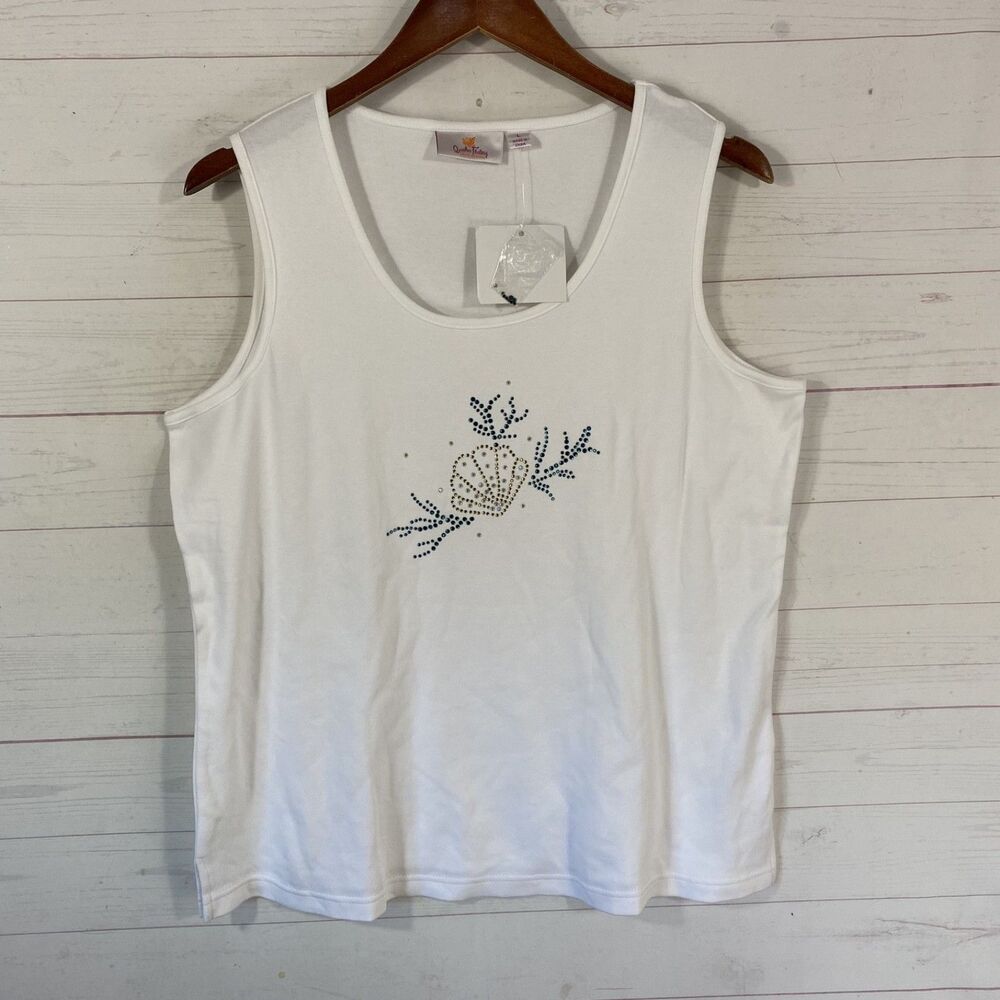 Quacker Factory Womens Cotton Tank Top Sz Large White Crystal Bling Design New